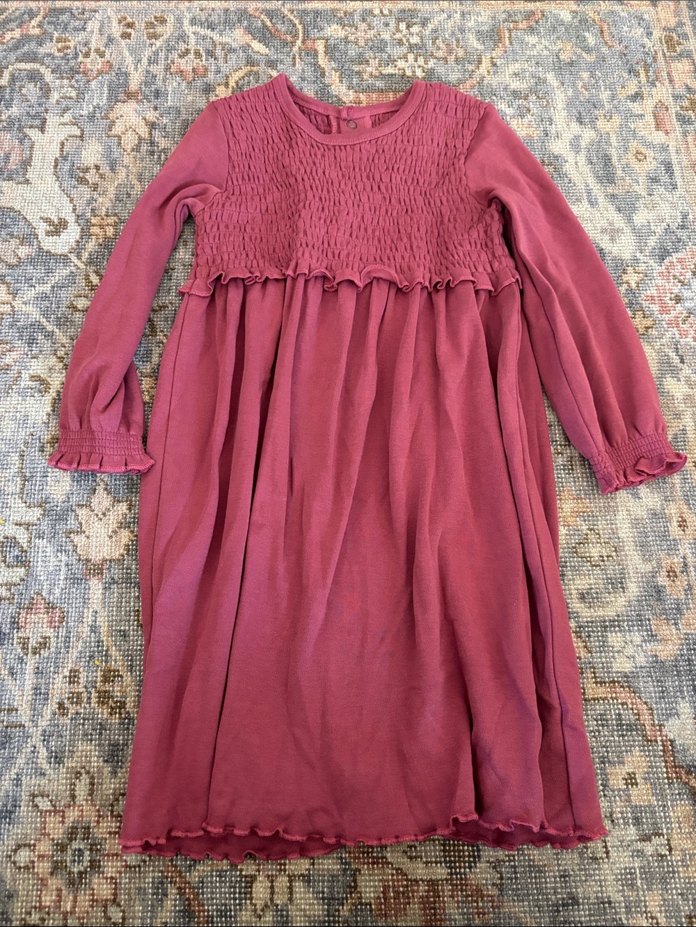 Girls' Long Sleeve Smocked Bodice Dress in Dusty Rose
